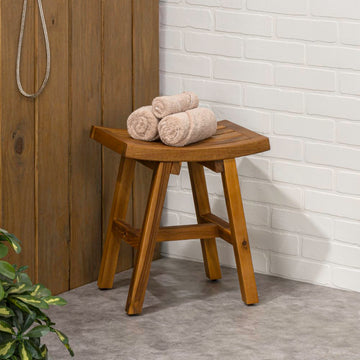 Tamlyn 15.75" Traditional Classic Slatted Solid Acacia Wood Indoor/Outdoor Shower Stool